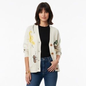 Chic Women's Cream Cardigan with Graphic Accents